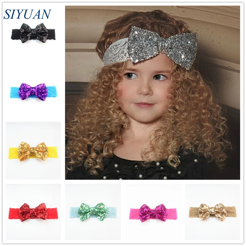 5pcs/lot Soft Lace Headband with Big Sequin Bow Bowknot Headwear Princess Party Hair Accessories FD212 | Аксессуары для одежды