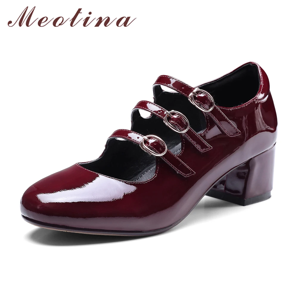 

Meotina Genuine Leather Shoes Women Mary Janes Pumps Thick High Heels Spring Brand Design Natural Real Leather Luxury Shoes 2018