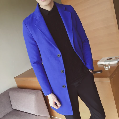 Новинка, зимний модный мужской Одноцветный однобортный плащ/Мужское повседневное приталенное длинное шерстяное пальто, большой размер 5XL - Цвет: Royal blue