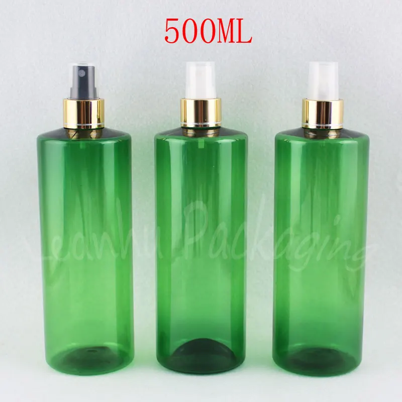 

500ML Green Flat Shoulder Plastic Bottle With Gold Spray Pump , 500CC Empty Cosmetic Container , Toner / Water Packaging Bottle