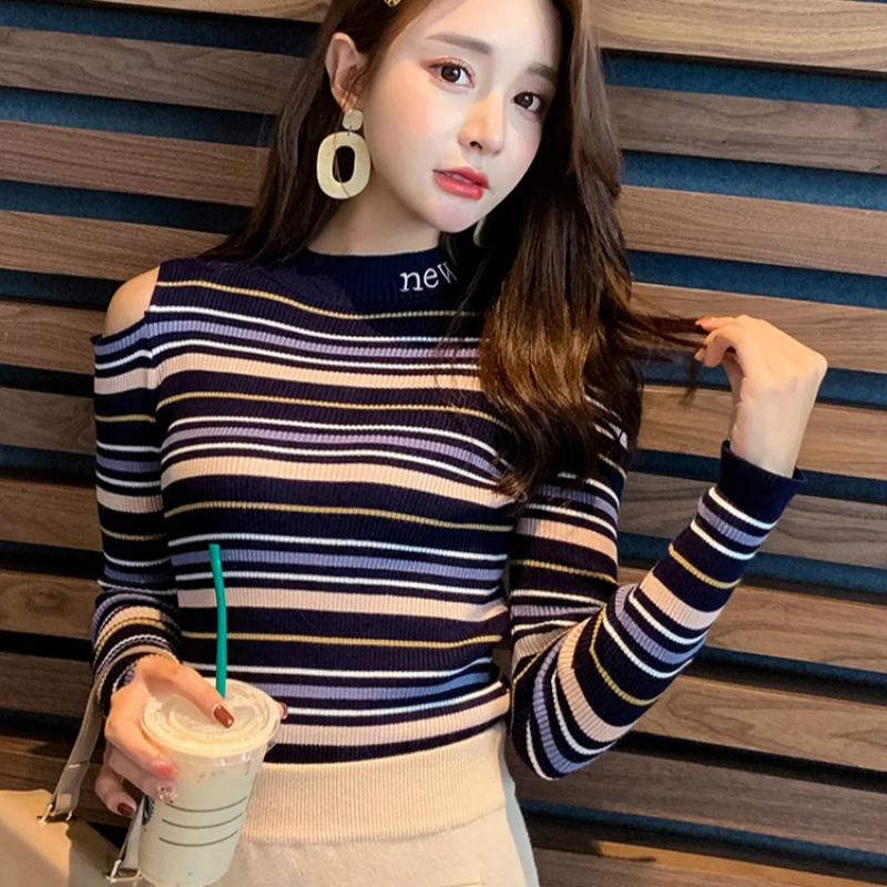 

Spring new 2019 wild self-cultivation sexy thin striped knit shirt off-the-shoulder long-sleeved shirt shirt sweater