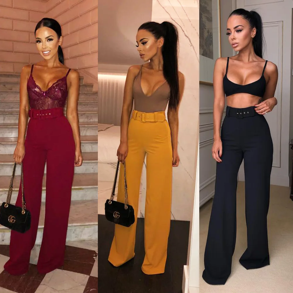 

Solid Simple Candy Color High Waist Wide Leg Pants Fashion Casual Office Lady Belt Bodycon Women Trousers