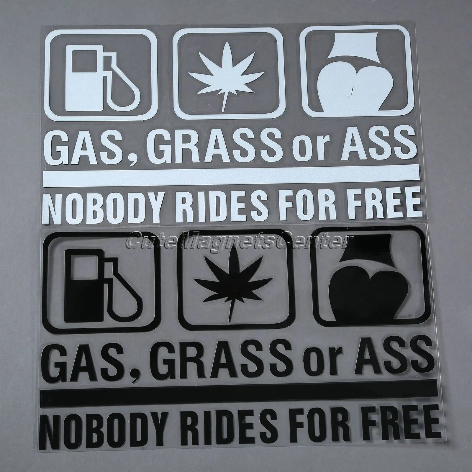 1Pc New Car Sticker White / Black GAS GRASS OR ASS NOBODY RIDES FOR FREE Reflective Decals on Car Styling Stickers Auto KTM Body