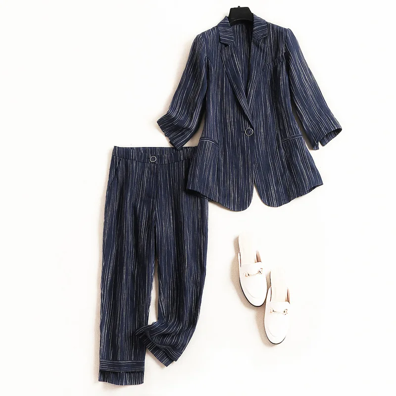

Fashion Ol Striped Suit 2 Piece Set Women 2019 Europe New 3/4 Sleeves Coat Cropped Crop Top +Pants