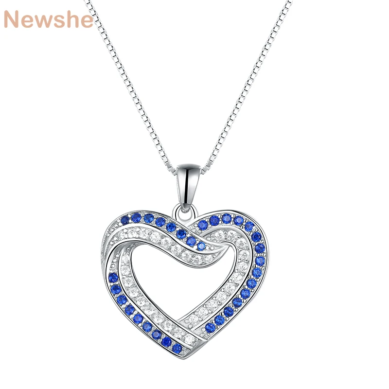 

Newshe Solid 925 Sterling Silver Blue White Heart Shape Pendant Necklace For Women AAA CZ Romantic Jewelry Gift 18'' Box Chain