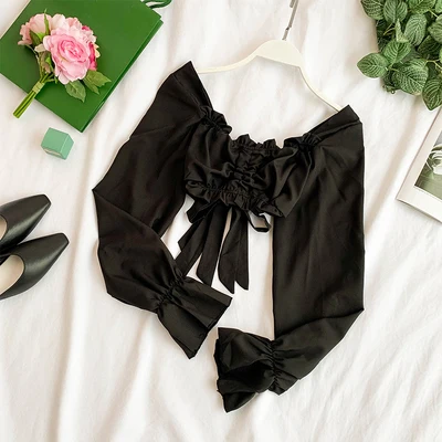 Новая модная женская одежда для взрослых, сексуальная шифоновая короткая рубашка с v-образным вырезом и пышными рукавами с высокой талией - Цвет: Черный