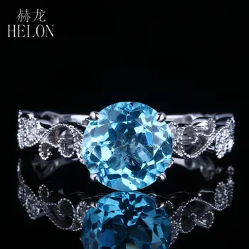 

HELON Solid 14K White Gold 7MM Round 100% Genuine Blue Topaz & Pave Natural Diamonds Filigree Engagement Wedding Art Deco Ring