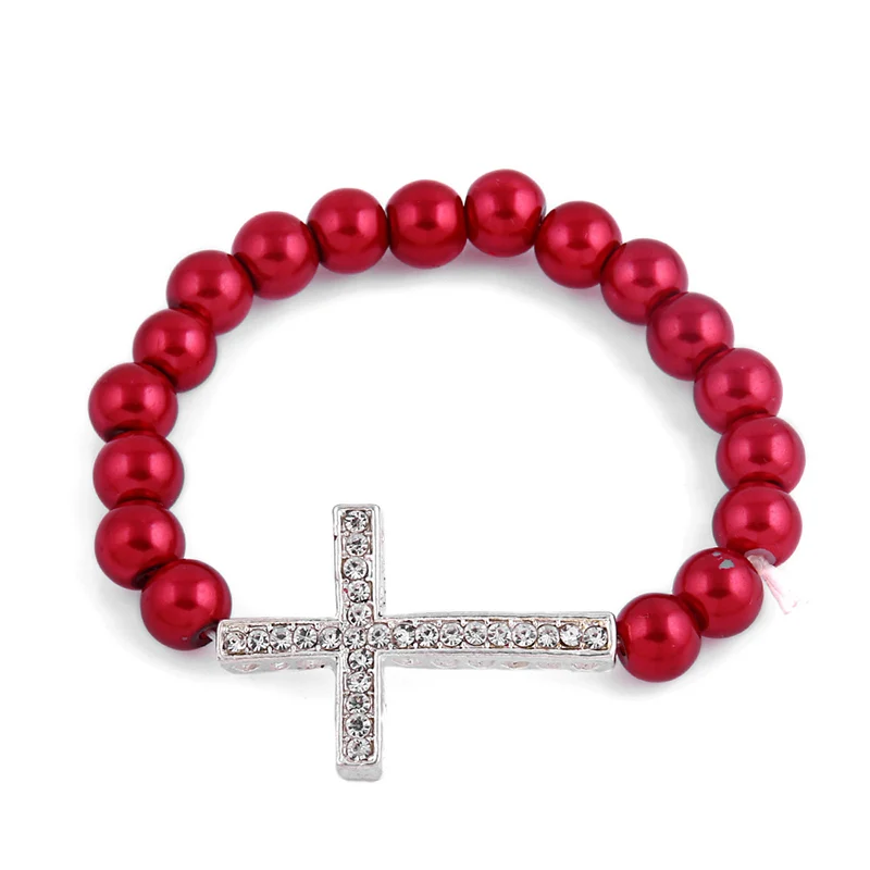 Мода женский Пластик жемчуг, горный хрусталь крест Талисманы браслет Бусины браслет в ювелирных браслет для Для женщин мода подарок друзьям - Окраска металла: red