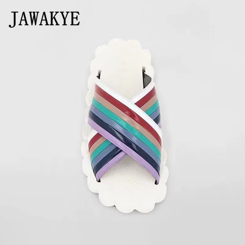 JAWAKYE/летние туфли на плоской подошве женские шлепанцы радужной расцветки с