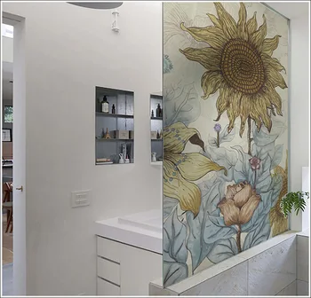 

Customized size windows Glass Film Door Stickers Vintage sticker Art opaque Self-Adhesive OR static cling Sunflower