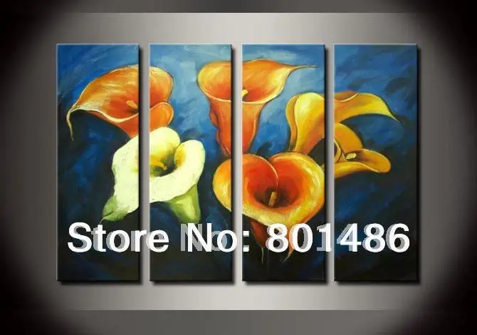 

Calla Lily 4 Panels Modern Flowers Artwork Blue And Yellow Floral Oil Paintings on Canvas Wall Art for Living Room Bedroom
