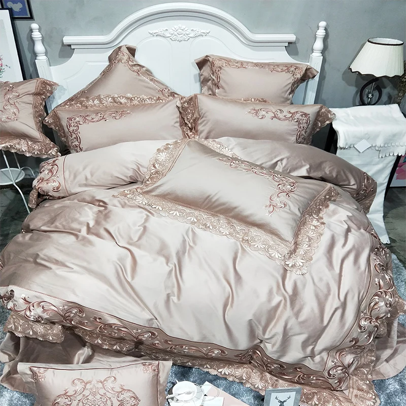 Золотой розовый 100S Египетский хлопок Роскошный Королевский Комплект постельного белья king queen размер пододеяльник с вышивкой постельное белье Комплект постельного белья