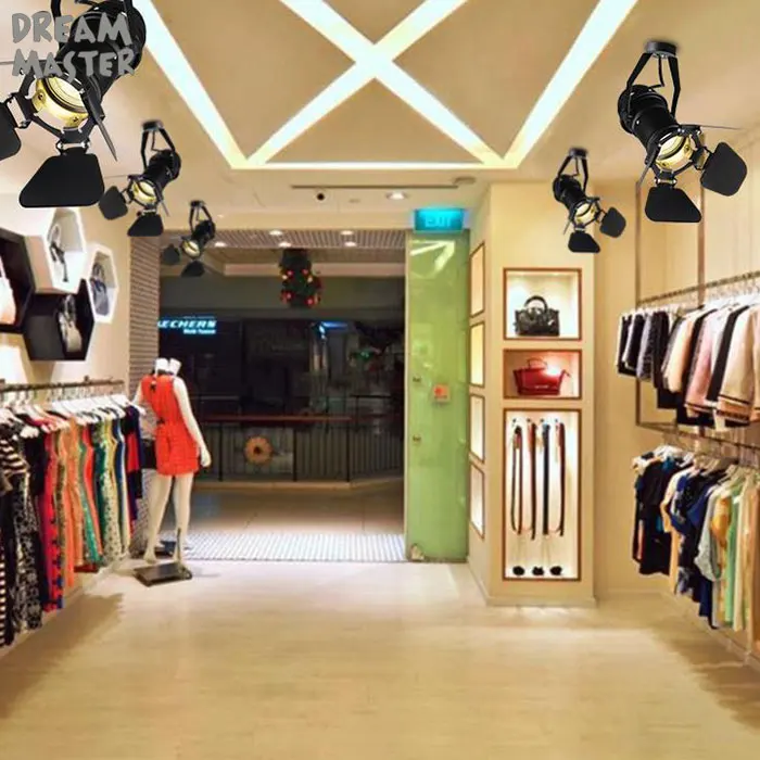 Pista do Vintage Loja de Roupas Pista com Barndoor E27 Luz Loft Industrial Ferroviário Holofotes Luz Negra Lâmpada Luminárias Loja 4 High Quality e27 track light