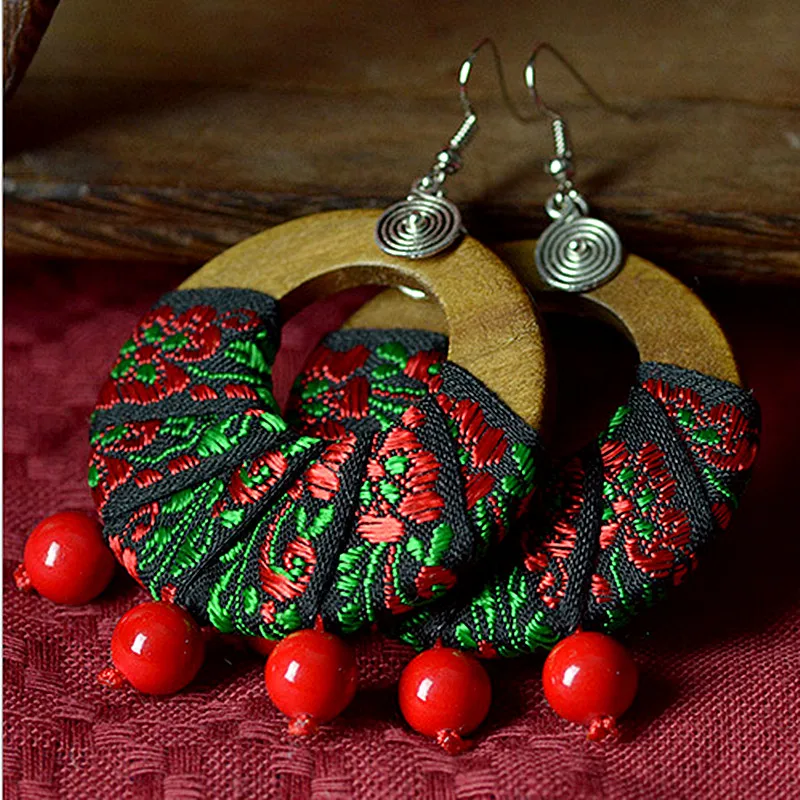 Yanting big circle earrings for women wooden hoops red stone beads drop earring ethnic vintage earrings new fashion gift 007 (5)