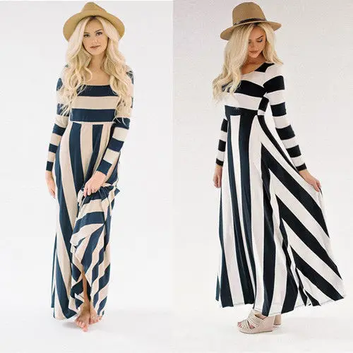 Для женщин пикантные летние платье Boho в полоску без рукавов Макси длинное