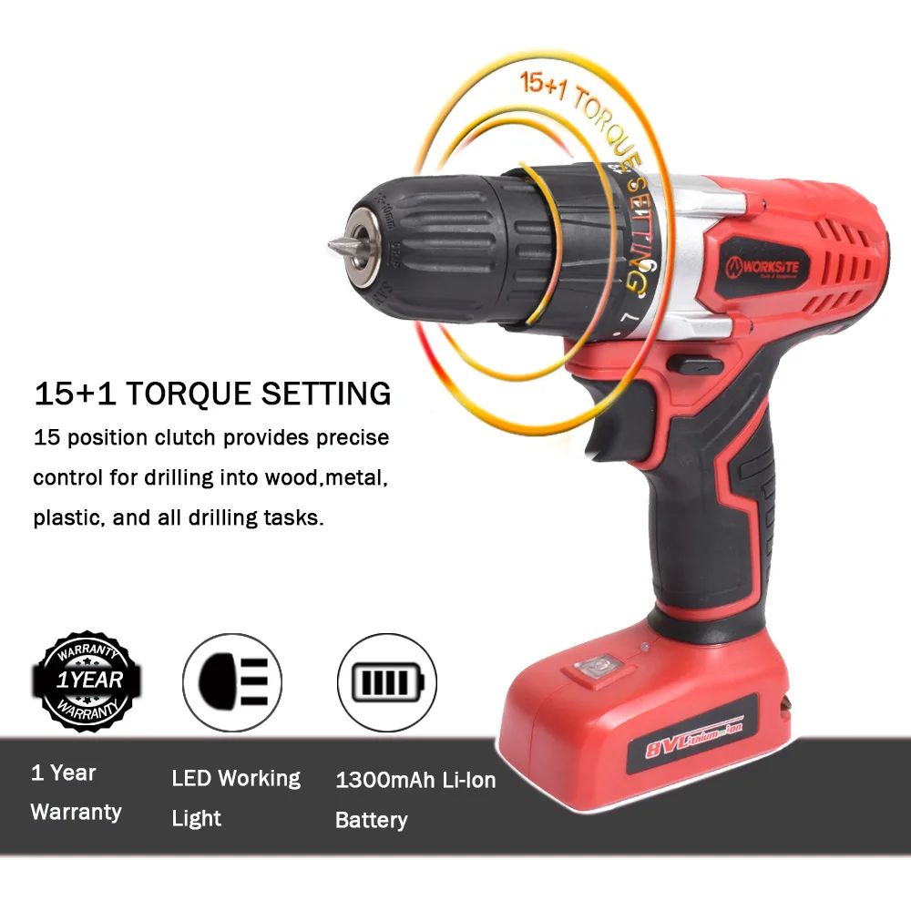 Rechargeable 8V Cordless Drill Electric Screwdriver WORKSITE Lithium Battery Variable Speed LED Light Lightweight Power Tools