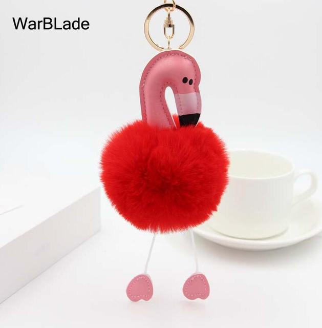 New Flamingo Pompom Keychain Fluffy Fake Rabbit Fur Ball Key Chain Porte clef Women Car Bag pompon Key Ring Accessories