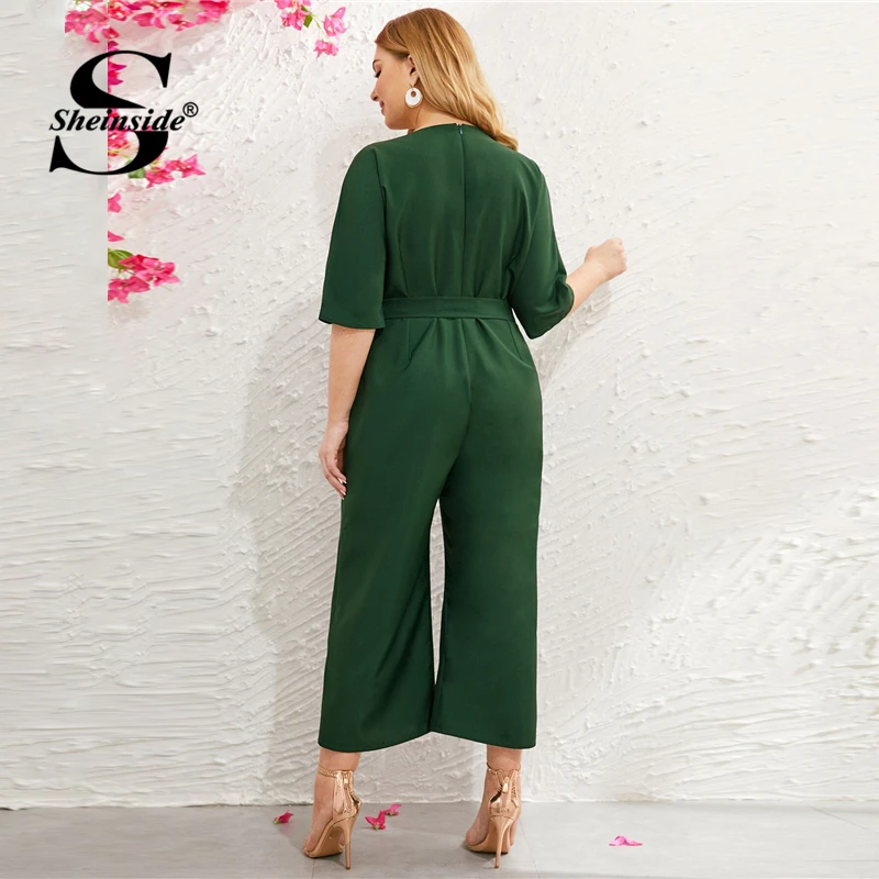 Sheinside Plus Size Green V Neck Wide Leg Jumpsuit Women Summer Zip Back Jumpsuits Office Ladies Solid Half Sleeve Jumpsuit