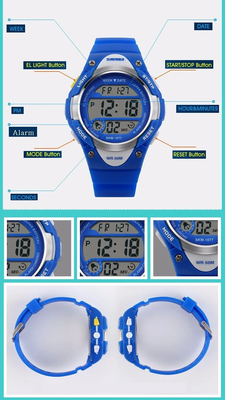 SKMEI бренд дети открытый спортивные часы светодио дный цифровой Военные часы для мальчиков и девочек Плавание Будильник Секундомер
