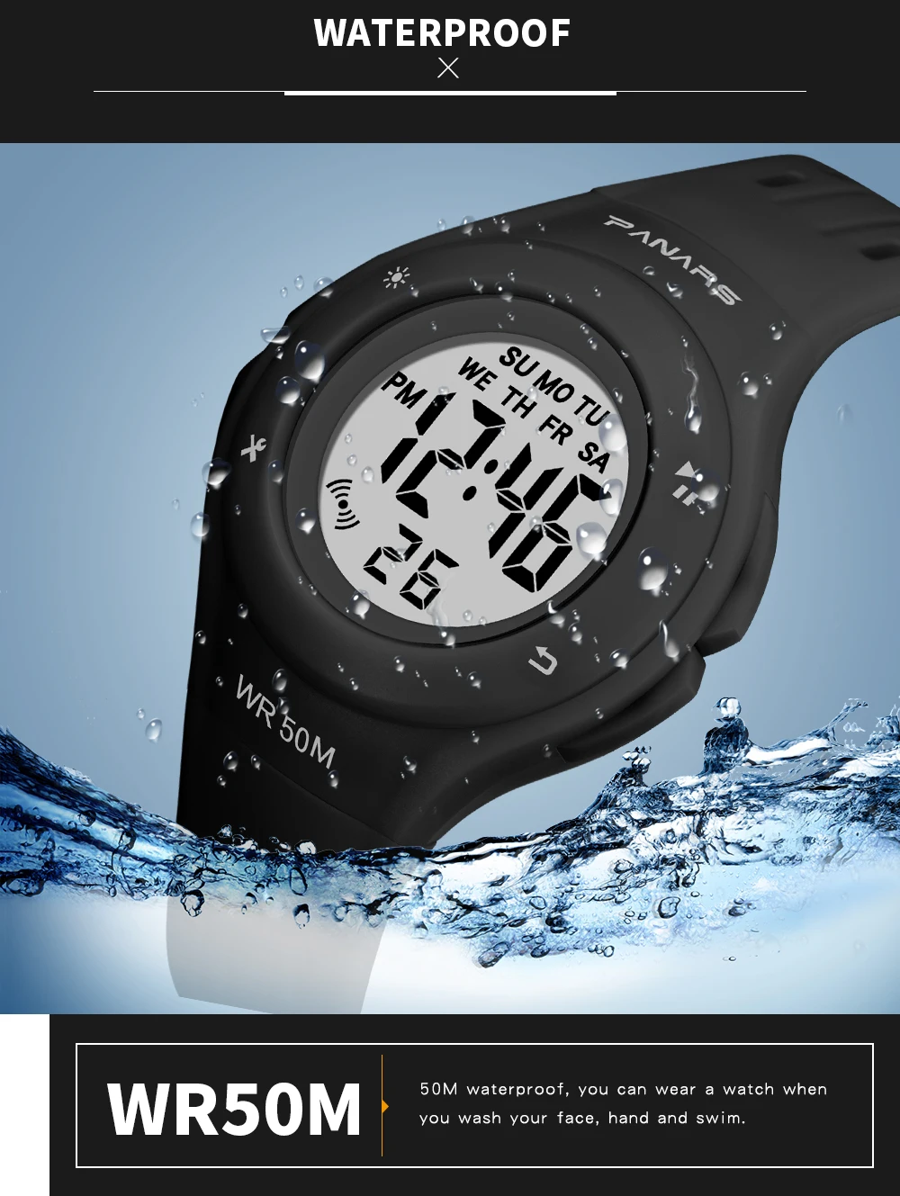 PANARS Новое поступление 7 светодиодный Цвета модные часы WR50M Водонепроницаемый детские наручные часы-будильник многофункциональные часы для