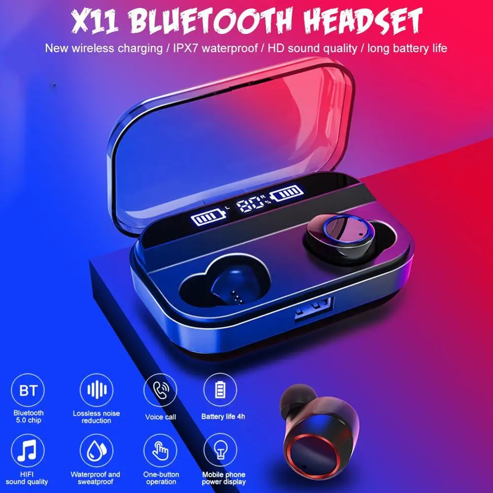 X11 TWS наушники Bluetooth 5,0 беспроводные наушники сенсорное управление наушники 3500 мАч зарядный Чехол Дисплей IPX7 Мини Гарнитуры