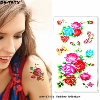 

Nu-TATY Blue purple red rose Temporary Tattoo Body Art Arm Flash Tattoo Stickers 17*10cm Waterproof Fake Henna Painless Tattoo