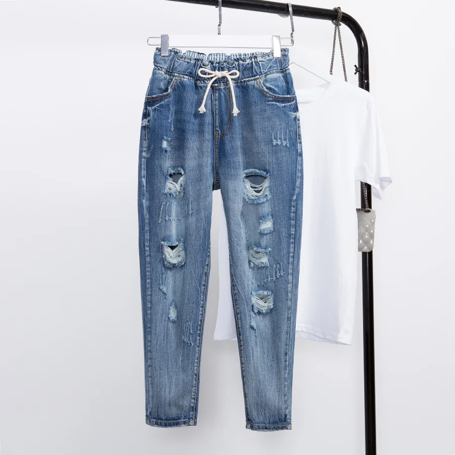 

2018 new large size women's loose hole jeans high waist blue 5XL harem pants casual Nine pants 039#