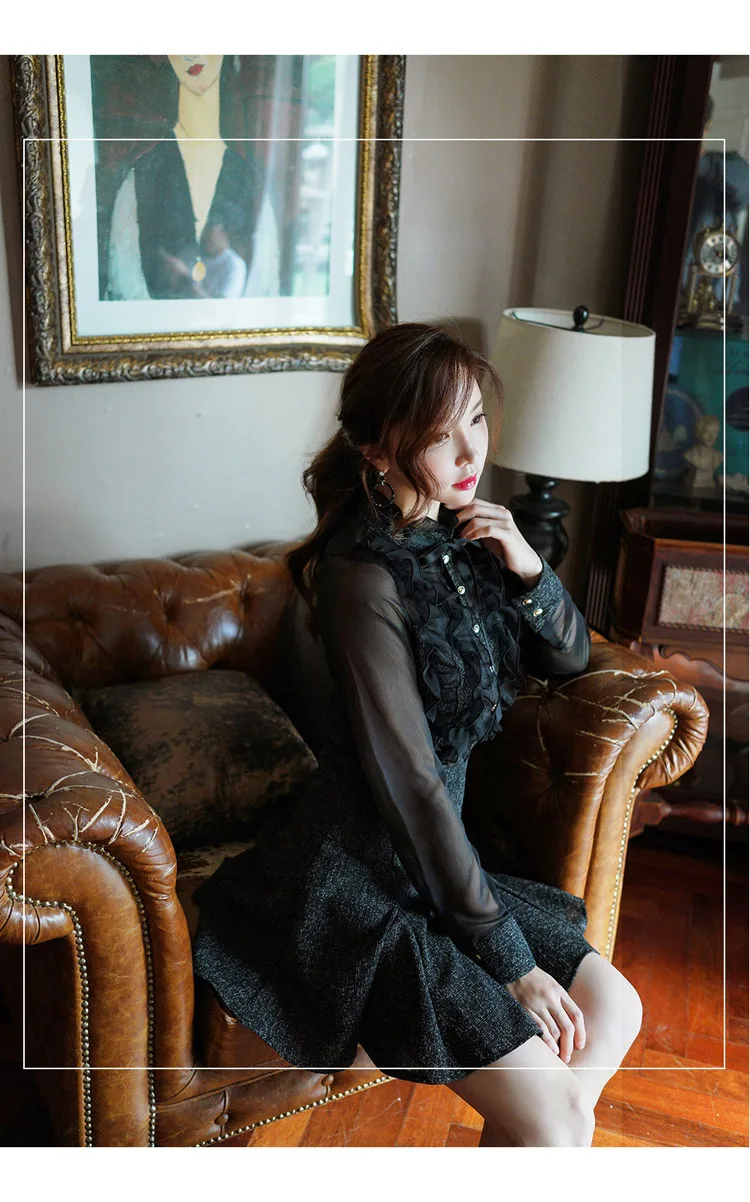 Высококачественная Женская одежда из двух частей, сексуальные черные рубашки с оборками, перспективная блузка с длинным рукавом, мини-юбка трапециевидной формы, осенняя офисная одежда