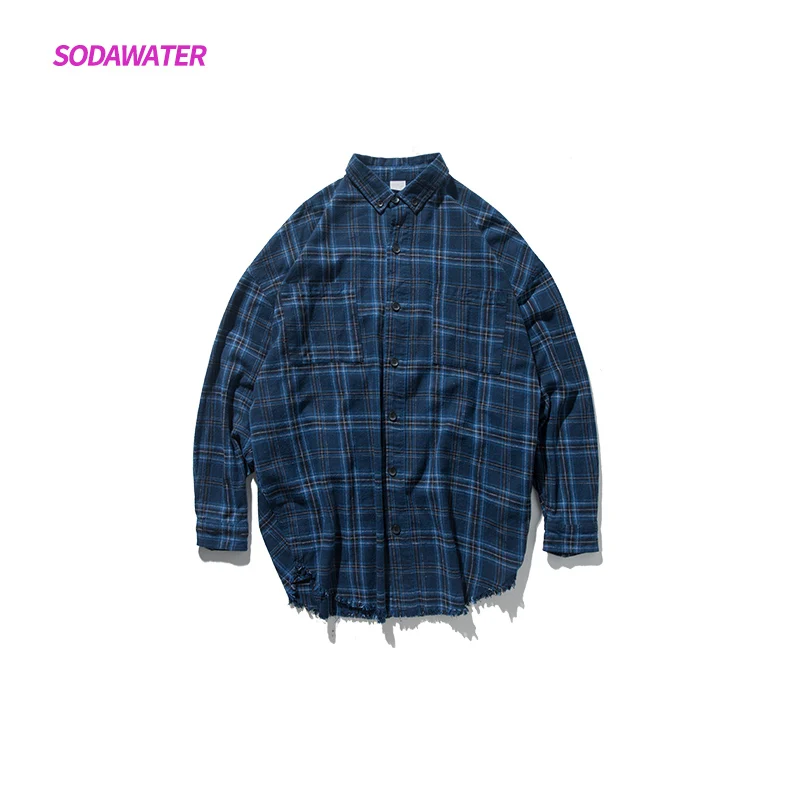 SODAWATER/клетчатые рубашки для девочек, блуза, Женский уличный сверхразмерный рубашки с длинными рукавами, осень, отложной воротник, женские топы 004W17 - Цвет: Blue