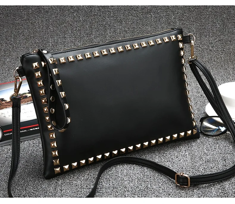 Модные женские клатчи с заклепками Дамский клатч конверт из искусственной кожи