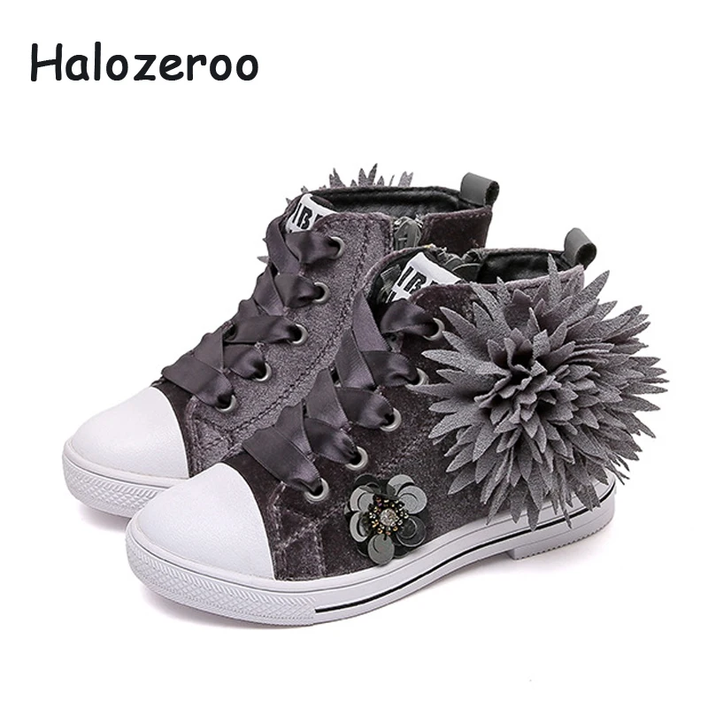 

2019 Autumn Kids Sport Sneakers Children High Top Sneakers Baby Girls Flower Casual Sneakers Sequin Black Brand Shoes Trainers