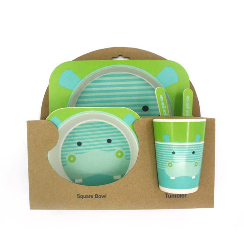 5 шт./компл. тарелка+ бант+ вилка+ чашка с рисунком животных, детская посуда, комплект для кормления из бамбукового волокна, милый детский контейнер, набор посуды - Цвет: Green hippo