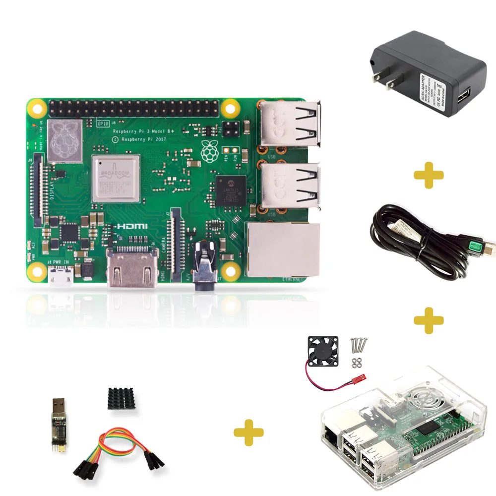 Raspberry Pi 3 Model B+(заглушка) Встроенный Broadcom 1,4 ГГц quad-core 64-разрядный процессор Wi-Fi, Bluetooth и Gigabit Ethernet через USB - Комплект: Комплект 3