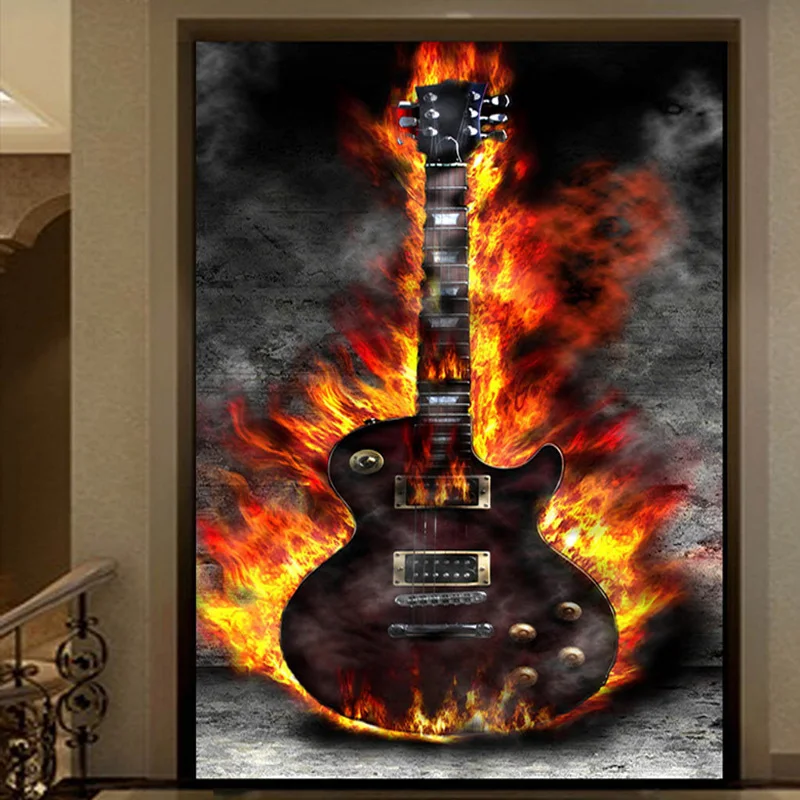 

Custom Any Size Mural Wallpaper HD Personality Flame Guitar Photo Wall Covering KTV Bar Cafe Hotel Creative Entrance Decor Mural