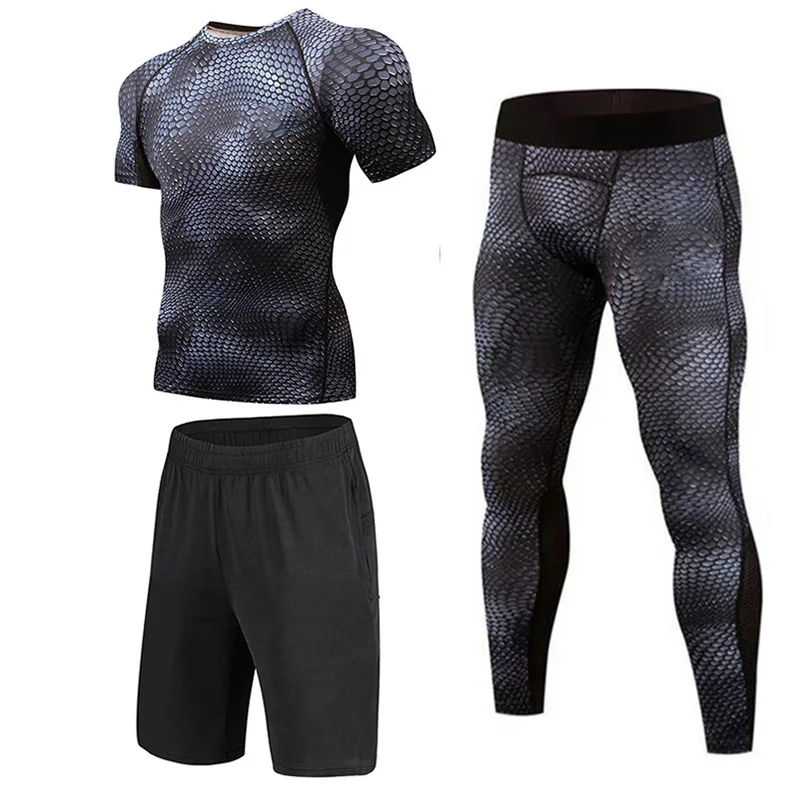 

New 3D Compression Set Men Sportswear Fitness Tight Long T shirt Leggings Gyms Tracksuit Joggers Quick Dry Clothes 3pcs / Sets