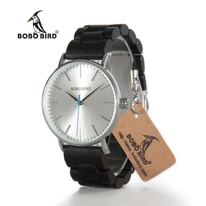 Designer BOBO BIRD Men's Watches LO15-O16 Ultra Thin Quartz Wooden Hour Luxury Silver Dial Stainless Steel Watch for Men