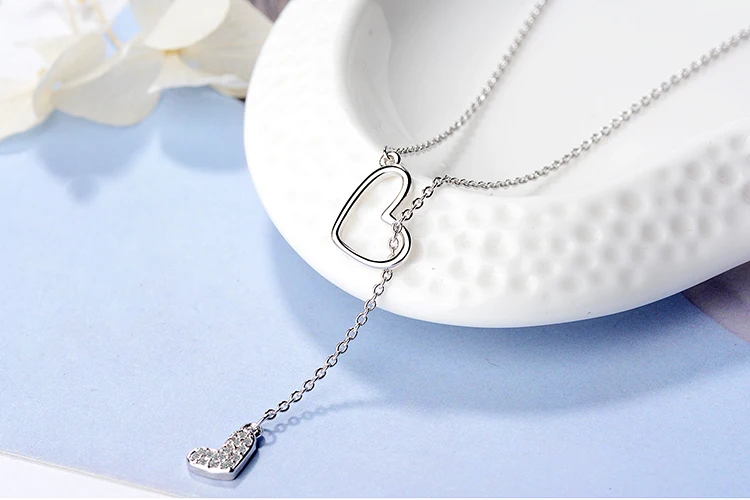 Anenjery Zircon Double Love Heart Adjustable Short Sweater Chain Necklace For Women 925 Sterling Silver Necklace S-N323