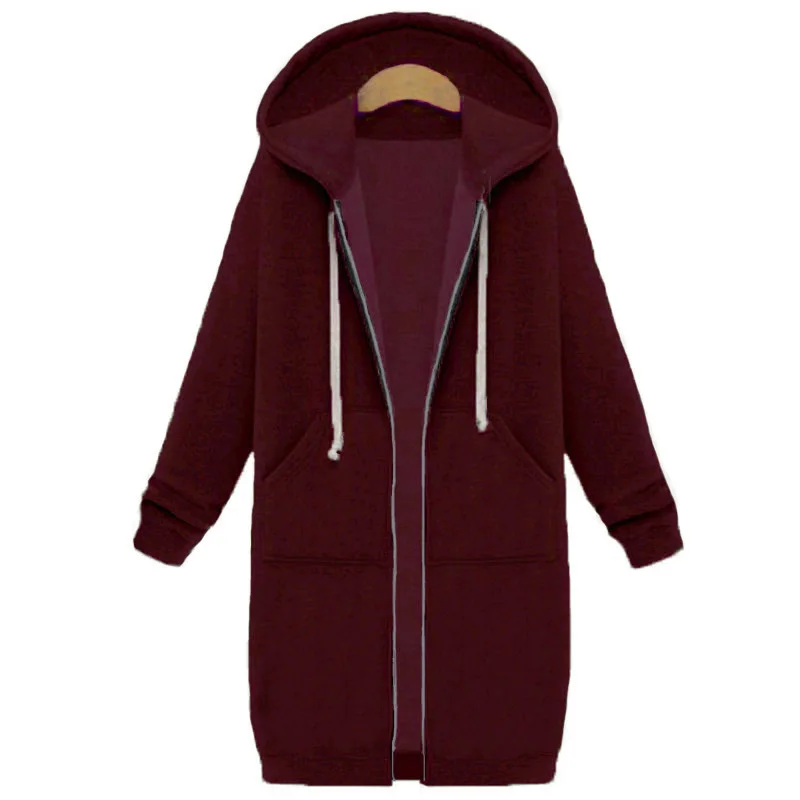 Осенне-зимнее женское пальто Модная Повседневная Длинная куртка на молнии с капюшоном Толстовка винтажная верхняя одежда пальто размера плюс