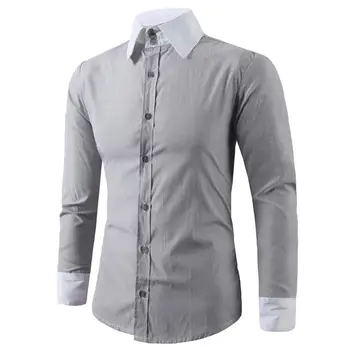 

New Men Spring Autumn Color Block Turn Down Collar Long Sleeve Shirt Slim Fit Top
