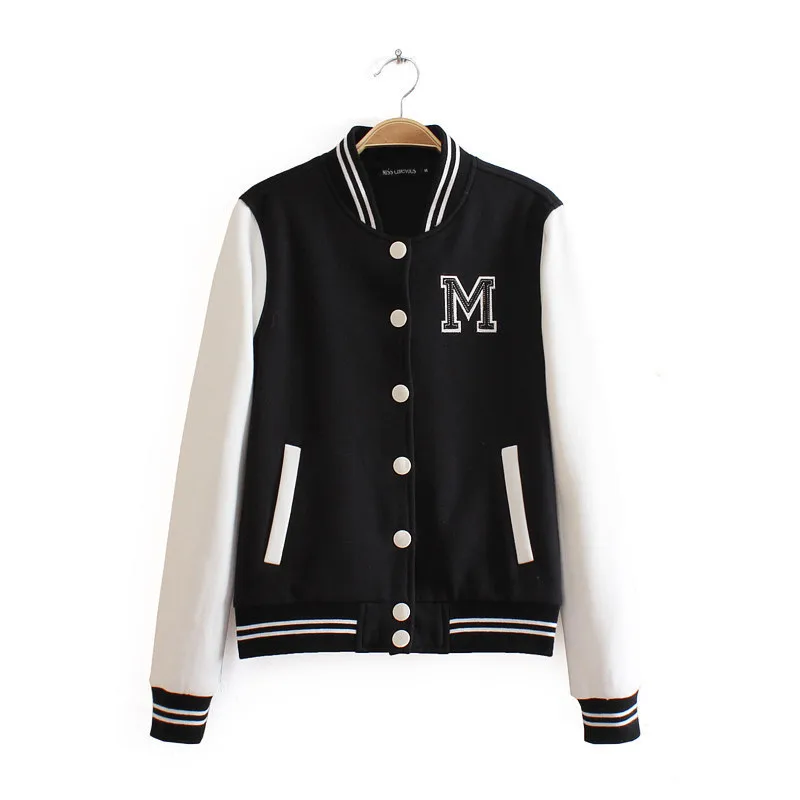 M logo classical bomber ladies jacket women coat female autumn casual cardigan team patchwork Baseball o-neck tops bolero 2018