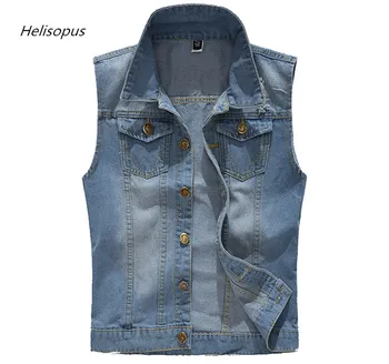 

Helisopus New Men's Blue Jeans Vest Vintage Ripped Slim Fit Denim Jacket Cowboy Sleeveless Male Jacket Streetwear