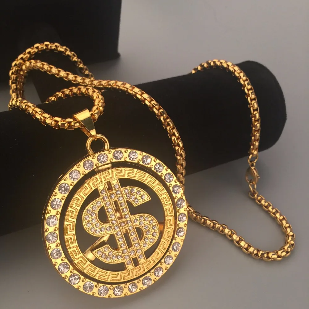 New 24K Golden Iced Out Bling rotate Usd Money Charm Hip Hop Mens