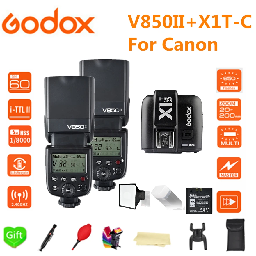 

2* Godox V850II GN60 2000mAh Li-ion Battery 2.4G Wirless X System Speedlite Flash Light + X1T-C Trigger Transmitter for Canon