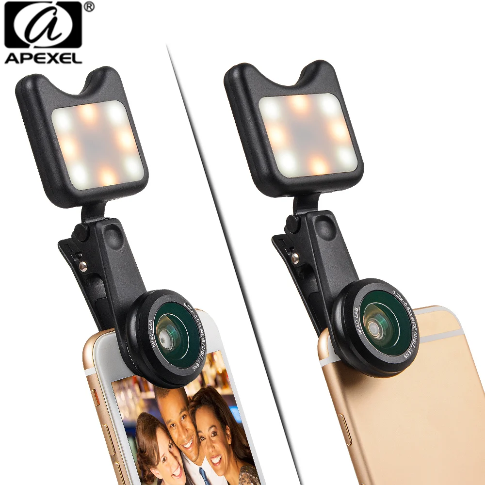 

APEXEL 3 in 1 phone camera lens wide macro lens + Led Fill light Lens Selfie Lentes for iPhone Lens for android ios smartphone