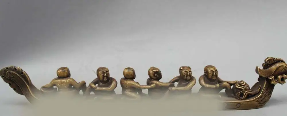 

DS 13"China Chinese Folk Pure Bronze Six Monk Bonze Play Bead Seat dragon boat