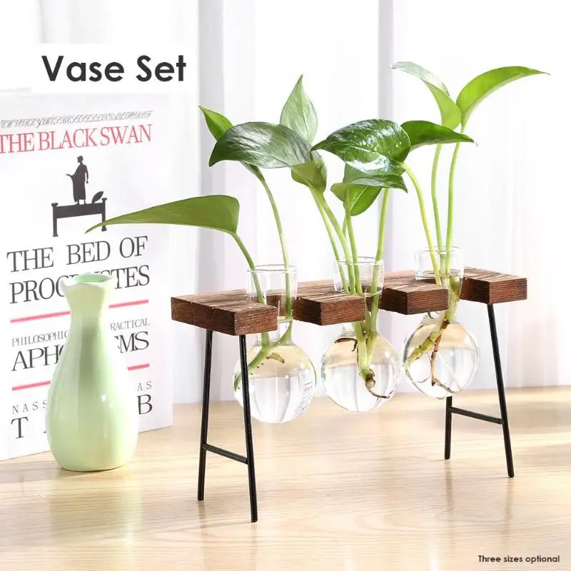 

Wooden Frame Vase Hydroponic Plant Transparent Glass Container