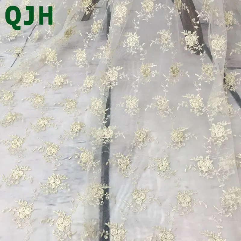 QJH французская кружевная ткань маленькая Роза Золотая шелковая вышивка сетка