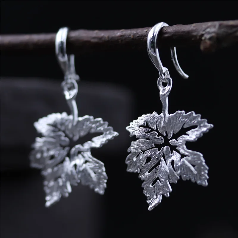 

C&R Real 925 Sterling Silver drop earrings for women Maple Leaf Long Earrings Female drop silver earrings Fine Jewelry