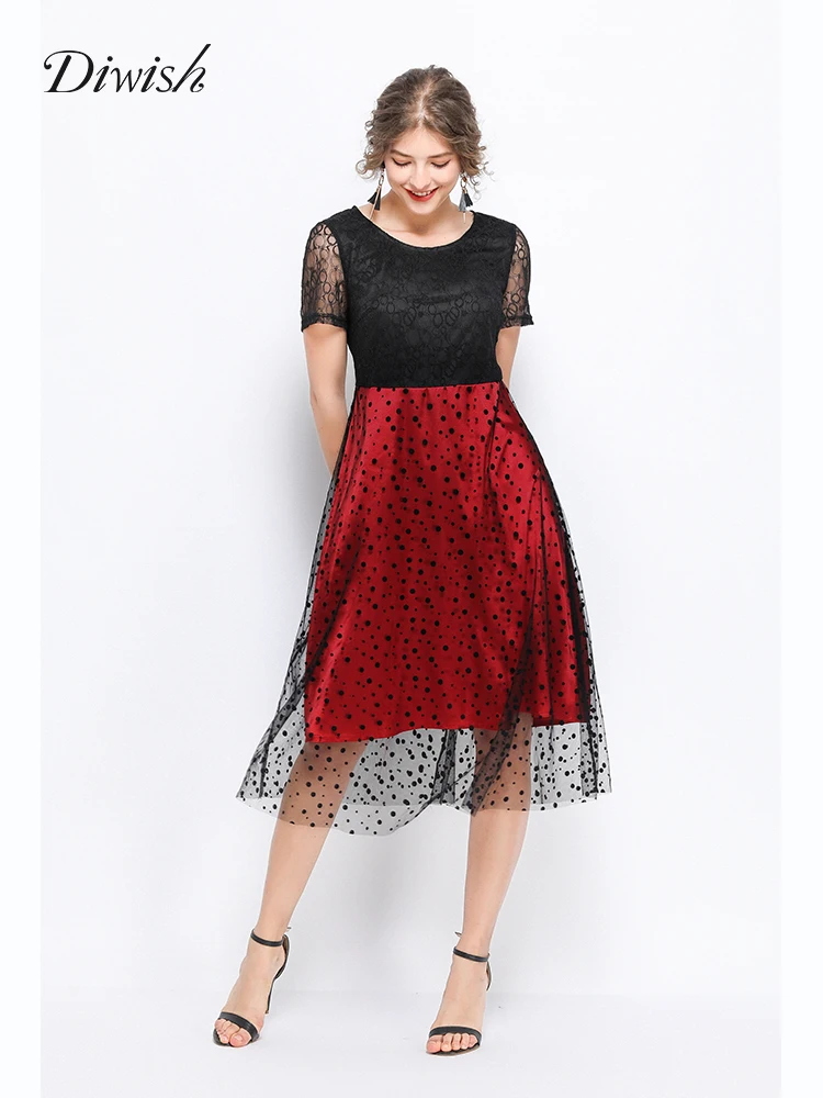 

Diwish Women Plus Size Lace Dress L-5XL 2019 Summer Black Red Elegant Dots Patchwork Empire Waist Mid-Calf Party Dress