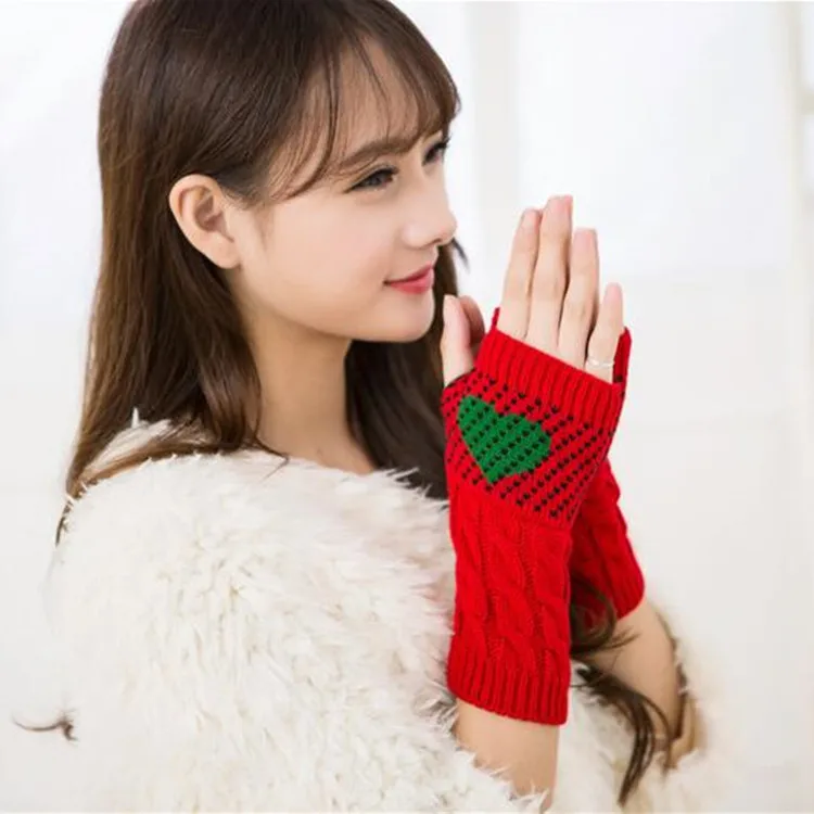 Трикотажные зимние перчатки без пальцев, женские перчатки Guantes Mujer Handschuhe, милые красные перчатки с сердечками для девушек, женские офисные перчатки, гетры на запястье - Цвет: Красный
